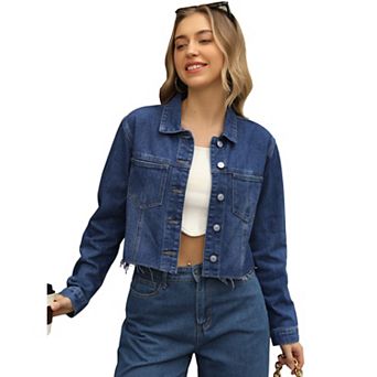 Women's Jean Jackets Long Sleeve Frayed Hem Trendy Cropped Denim Jacket