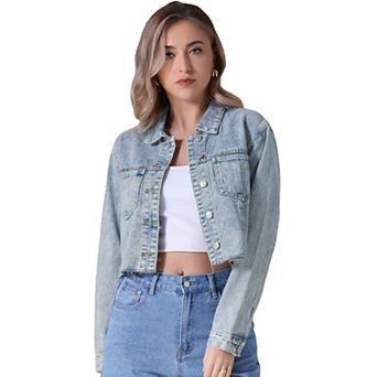 Women's Jean Jackets Long Sleeve Frayed Hem Trendy Cropped Denim Jacket