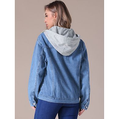 Women's Denim Jackets with Hood Distressed Long Sleeve Button Down Detachable Hoodie Jean Jacket