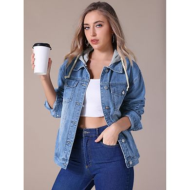 Women's Denim Jackets with Hood Distressed Long Sleeve Button Down Detachable Hoodie Jean Jacket