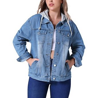Women's Denim Jackets with Hood Distressed Long Sleeve Button Down Detachable Hoodie Jean Jacket