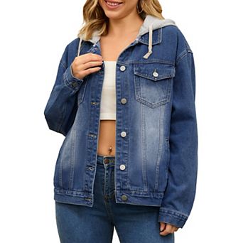 Women's Denim Jackets with Hood Distressed Long Sleeve Button Down Detachable Hoodie Jean Jacket