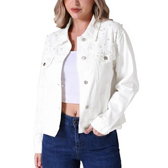 Women's Jean Jackets Trendy Button Down Long Sleeve Pearl Denim Jacket