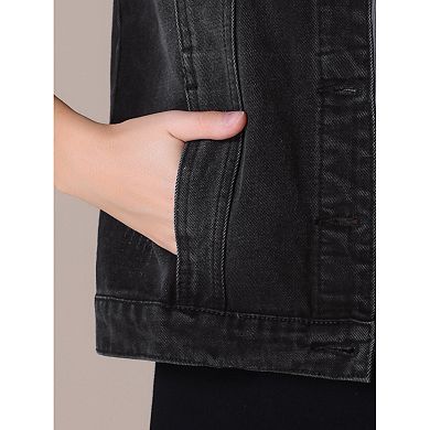 Women's Denim Vest Button Down Jacket W Chest Flap Pockets Washed Distressed Sleeveless Jean Jacket