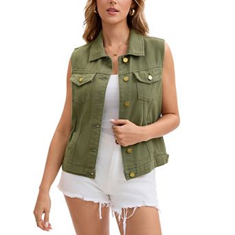 Women's Denim Vest Button Down Jacket W Chest Flap Pockets Washed Distressed Sleeveless Jean Jacket