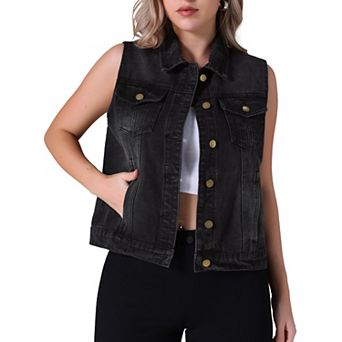 Women's Denim Vest Button Down Jacket W Chest Flap Pockets Washed Distressed Sleeveless Jean Jacket