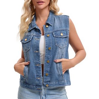 Women's Denim Vest Button Down Jacket W Chest Flap Pockets Washed Distressed Sleeveless Jean Jacket