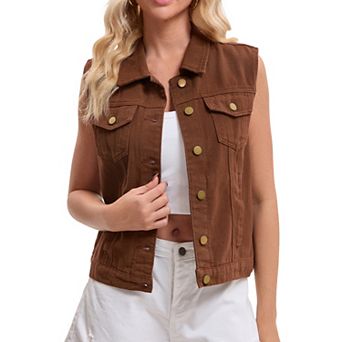 Women's Denim Vest Button Down Jacket W Chest Flap Pockets Washed Distressed Sleeveless Jean Jacket