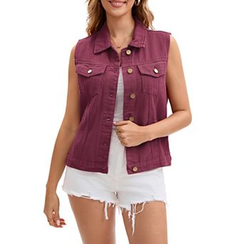 Women's Denim Vest Button Down Jacket W Chest Flap Pockets Washed Distressed Sleeveless Jean Jacket