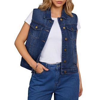Women's Denim Vest Button Down Jacket W Chest Flap Pockets Washed Distressed Sleeveless Jean Jacket