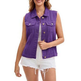 Women's Denim Vest Button Down Jacket W Chest Flap Pockets Washed Distressed Sleeveless Jean Jacket