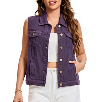 Women's Denim Vest Button Down Jacket W Chest Flap Pockets Washed Distressed Sleeveless Jean Jacket