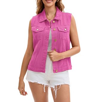 Women's Denim Vest Button Down Jacket W Chest Flap Pockets Washed Distressed Sleeveless Jean Jacket