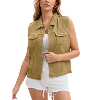 Women's Denim Vest Button Down Jacket W Chest Flap Pockets Washed Distressed Sleeveless Jean Jacket