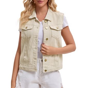 Women's Denim Vest Button Down Jacket W Chest Flap Pockets Washed Distressed Sleeveless Jean Jacket