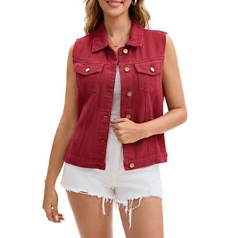 Women's Denim Vest Button Down Jacket W Chest Flap Pockets Washed Distressed Sleeveless Jean Jacket