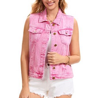 Women's Denim Vest Button Down Jacket W Chest Flap Pockets Washed Distressed Sleeveless Jean Jacket