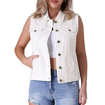 Women's Denim Vest Button Down Jacket W Chest Flap Pockets Washed Distressed Sleeveless Jean Jacket