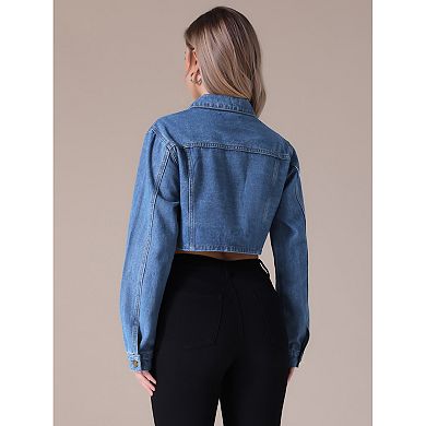 Women's Crop Denim Jacket Long Sleeve Cargo Pockets Washed Jean Jackets