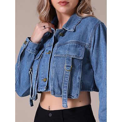 Women's Crop Denim Jacket Long Sleeve Cargo Pockets Washed Jean Jackets