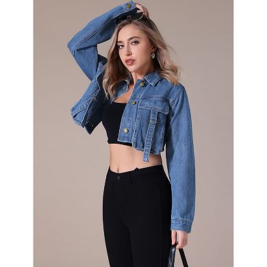 Women's Crop Denim Jacket Long Sleeve Cargo Pockets Washed Jean Jackets