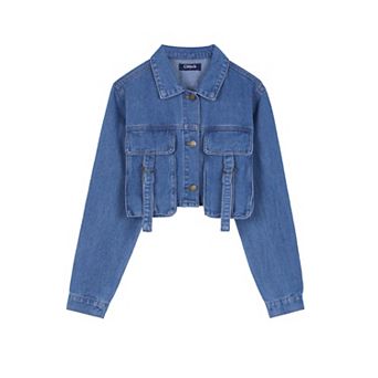 Women's Crop Denim Jacket Long Sleeve Cargo Pockets Washed Jean Jackets