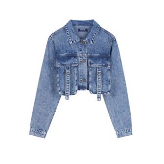 Women's Crop Denim Jacket Long Sleeve Cargo Pockets Washed Jean Jackets