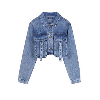 Women's Crop Denim Jacket Long Sleeve Cargo Pockets Washed Jean Jackets