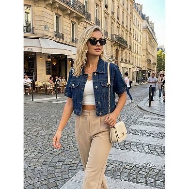 Women's Denim Jackets Cropped Short Sleeve Button Up Frayed Washed Jean Jacket