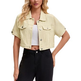 Women's Denim Jackets Cropped Short Sleeve Button Up Frayed Washed Jean Jacket