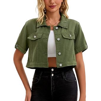 Women's Denim Jackets Cropped Short Sleeve Button Up Frayed Washed Jean Jacket