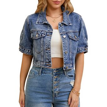 Women's Denim Jackets Cropped Short Sleeve Button Up Frayed Washed Jean Jacket