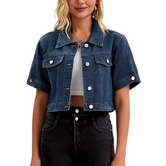Women's Denim Jackets Cropped Short Sleeve Button Up Frayed Washed Jean Jacket