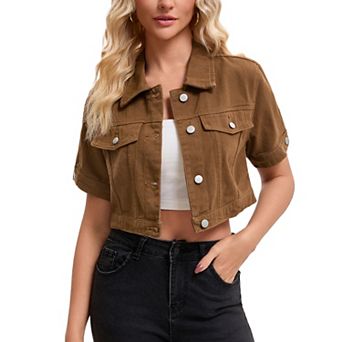 Women's Denim Jackets Cropped Short Sleeve Button Up Frayed Washed Jean Jacket