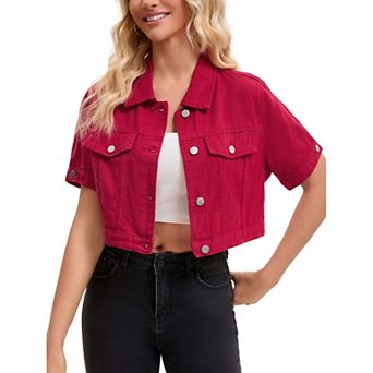 Women's Denim Jackets Cropped Short Sleeve Button Up Frayed Washed Jean Jacket