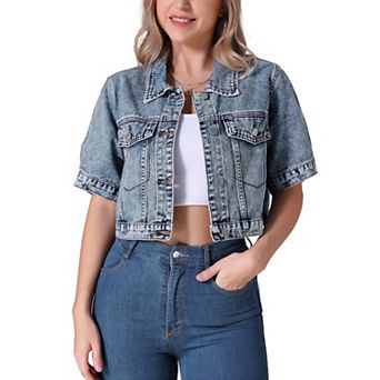 Women's Denim Jackets Cropped Short Sleeve Button Up Frayed Washed Jean Jacket