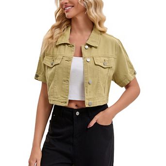 Women's Denim Jackets Cropped Short Sleeve Button Up Frayed Washed Jean Jacket