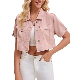 Women's Denim Jackets Cropped Short Sleeve Button Up Frayed Washed Jean Jacket