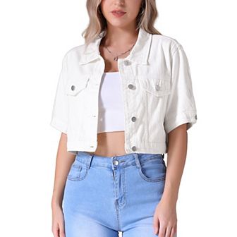 Women's Denim Jackets Cropped Short Sleeve Button Up Frayed Washed Jean Jacket