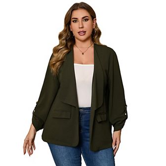 Women's Plus Size Open Front Blazer Casual Long Sleeve Cardigan Jacket Office