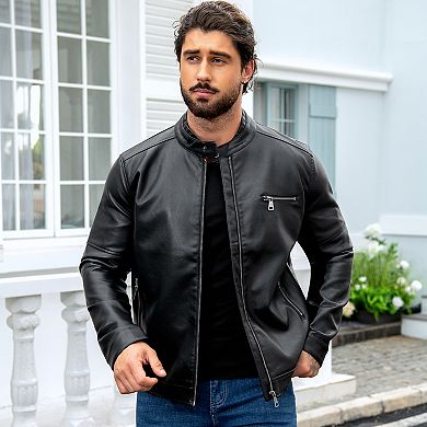 Men's Stand Collar Zipper Faux Leather Motorcycle Jacket