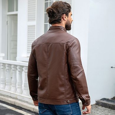 Men's Stand Collar Zipper Faux Leather Motorcycle Jacket