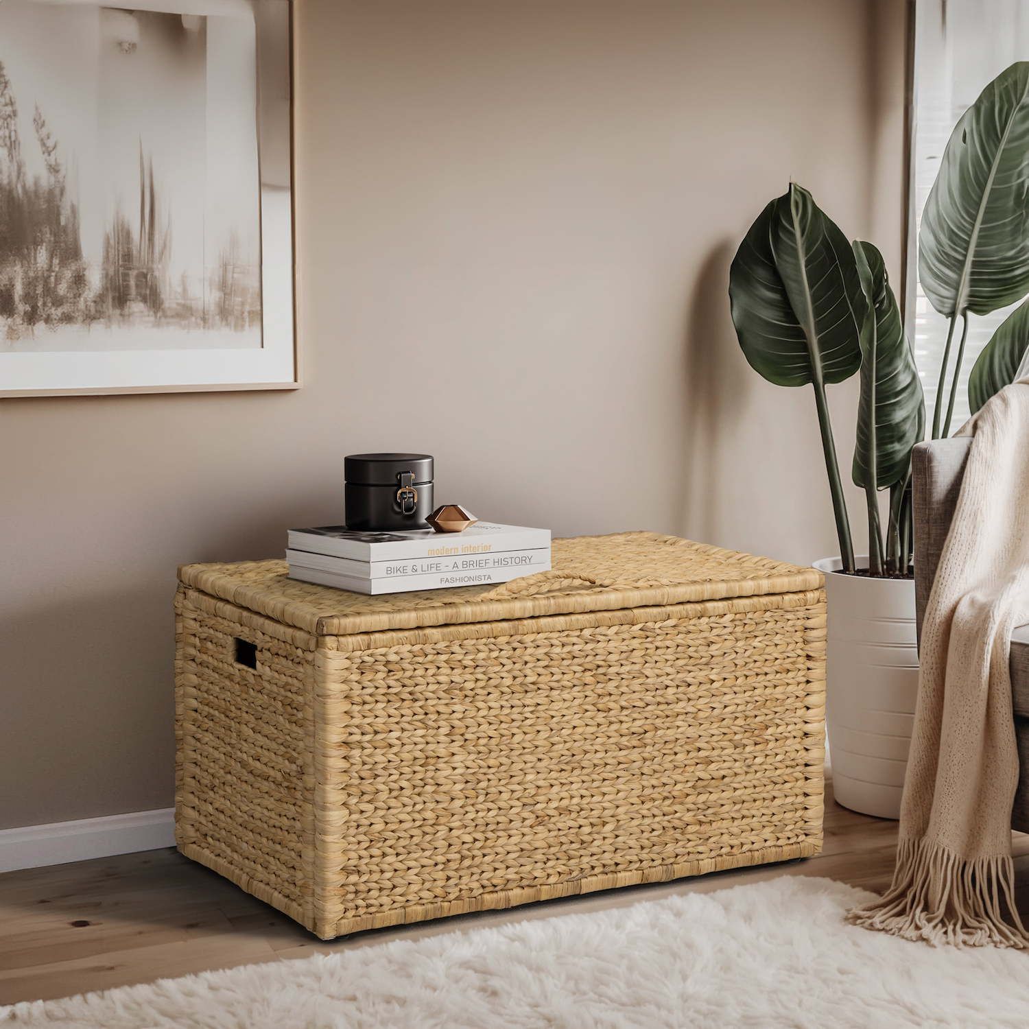 Click365 Wicker Storage Trunk - 33 Inch Extra Large Farmhouse Style Chest With Flip Lid