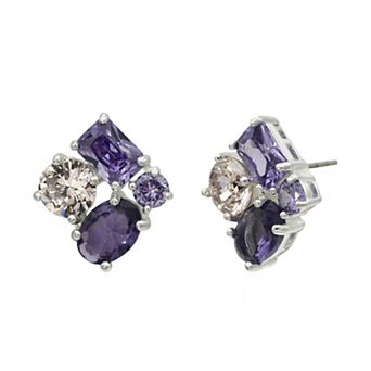 City Luxe Silver Tone Cubic Zirconia Purple Crystal Stud Earrings
