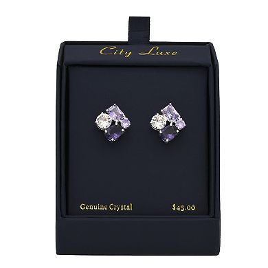 City Luxe Silver Tone Cubic Zirconia Purple Crystal Stud Earrings