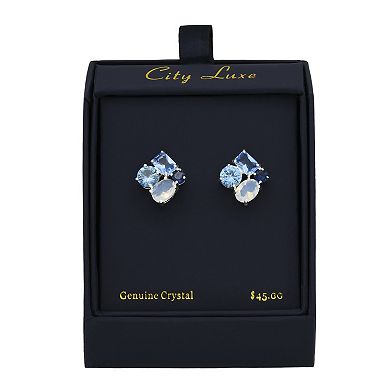 City Luxe Silver Tone Cubic Zirconia Blue Crystal Stud Earrings
