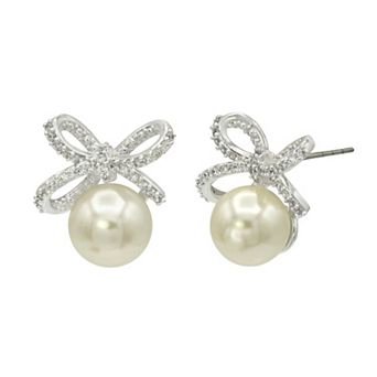 City Luxe Silver Tone Cubic Zirconia Simulated Pearl Bow Stud Earrings