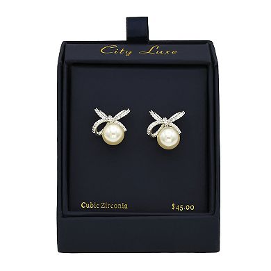 City Luxe Silver Tone Cubic Zirconia Simulated Pearl Bow Stud Earrings