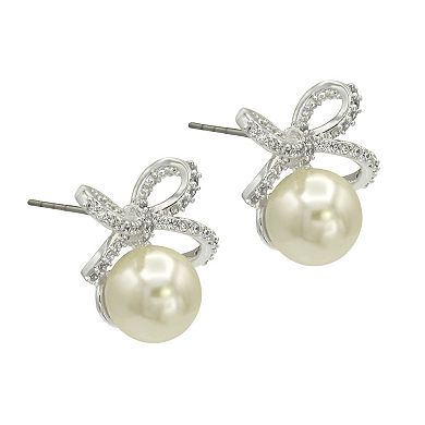 City Luxe Silver Tone Cubic Zirconia Simulated Pearl Bow Stud Earrings