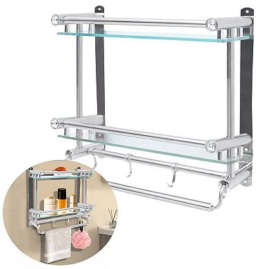 2 Tier Bathroom Shelf With Hooks Wall Mounted Towel Organizer